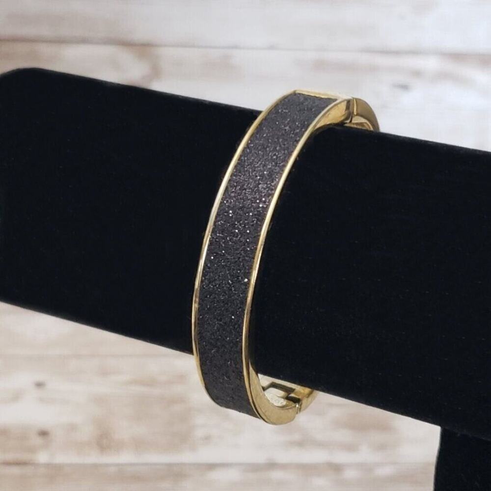 Vintage Bracelet / Bangle - Sparkly Black & Gold Tone Hinged Bangle